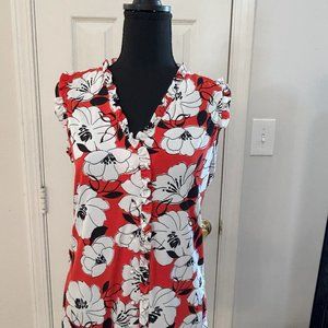 KARL LAGERFELD PARIS Red Floral Ruffle Sleeveless V Neck Button Down Blouse, S
